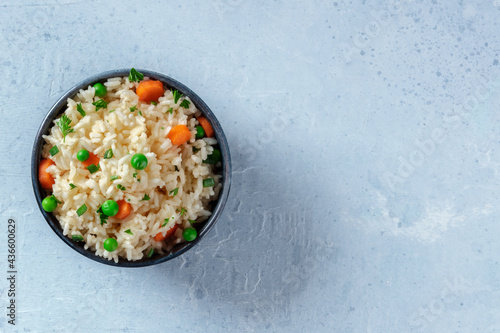 Rice with veggies, overhead shot