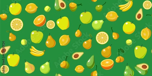 Most popular fruits are fruit trees in tropics and temperate climates. Background image. Cartoon flat style. Apples, pears, plums, bananas, oranges, lemons, persimmons. Juicy colors. Vector