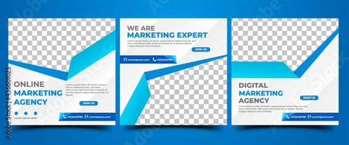 Business social media post template. Modern banner with white background and blue shape frame. Usable for social media, banners, and websites.