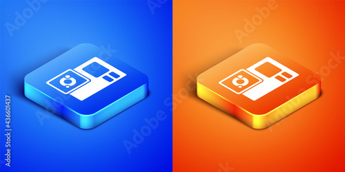 Isometric Action extreme camera icon isolated on blue and orange background. Video camera equipment for filming extreme sports. Square button. Vector