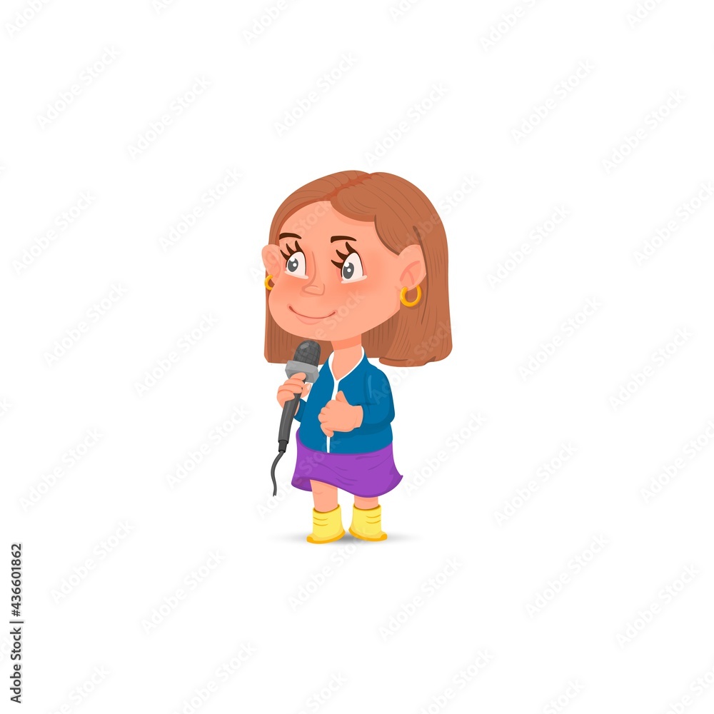 Girl journalist with a microphone, cartoon character. Girl journalist with a microphone, cartoon character.