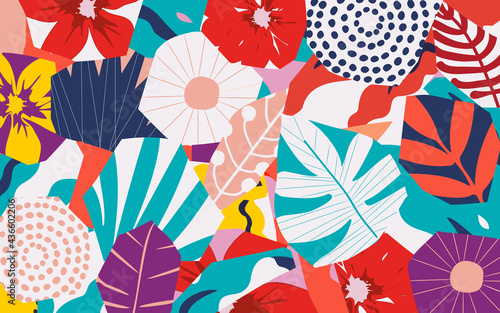 Colorful tropical leaves and flowers poster background vector illustration. Exotic plants, branches, flowers and leaves art print for beauty and natural products, spa and wellness, fabric and fashion