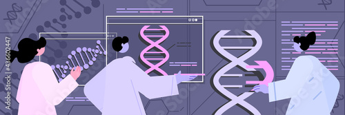 scientists working with DNA researchers making experiment in lab DNA testing genetic diagnosis concept