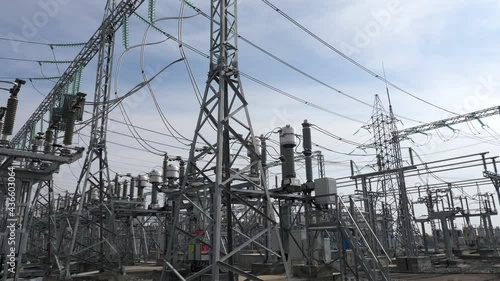 Power transmission lines on supports with ceramic insulators and transformers at large electrical distribution substation photo