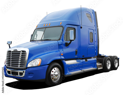 Large American modern tractor truck in full blue color isolated on white background.