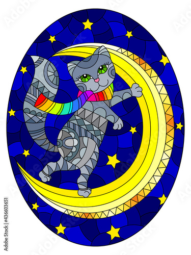 Illustration in the style of stained glass with a grey cat on the moon against the background of the starry night sky,oval 