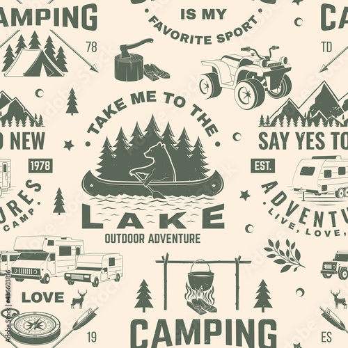 Summer camp seamless pattern or background. Vector Seamless scene with quad bike, tent, mountain, camper trailer and forest silhouette. Outdoor adventure background for wallpaper or wrapper.