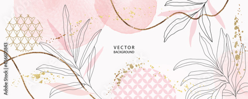 minimal Japanese background in pink flowers and tropical summer leaf with golden metallic texture gallery wall art vector 

