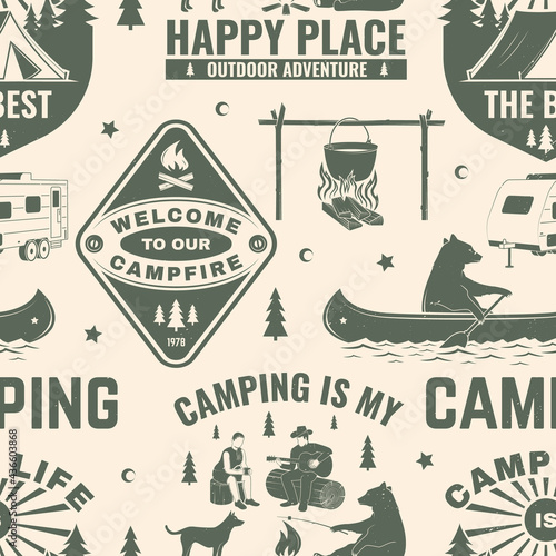 Summer camp seamless pattern or background. Vector Seamless scene with quad bike, tent, mountain, camper trailer and forest silhouette. Outdoor adventure background for wallpaper or wrapper.