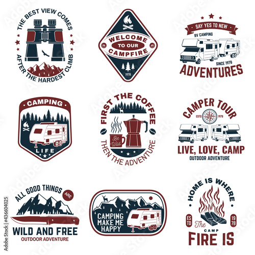 Set of camping badges. Vector. Concept for shirt or logo, print, stamp or tee. Vintage typography design with tent, mountain, camper trailer and forest silhouette.