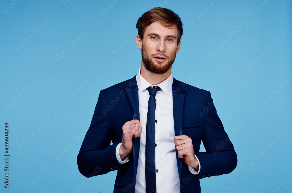 business man in suit self confidence financial office blue background business man in suit self confidence financial office blue background