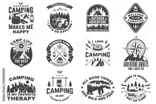 Set of camping badges. Vector. Concept for shirt or logo, print, stamp or tee. Vintage typography design with quad bike, tent, mountain, camper trailer and forest silhouette.