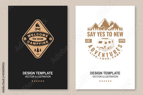 Set of camping template. Vector. Flyer, brochure, banner, poster design with campfire, mountain, camper trailer and forest silhouette.