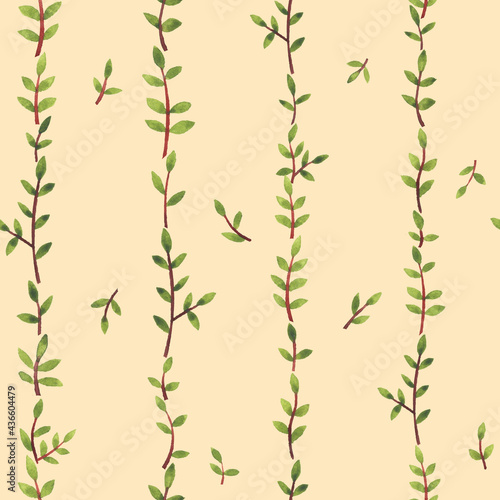 Floral seamless pattern with small green twigs on stripes for fashion fabric. Ditsy print. Watercolor hand drawn painting illustration isolated on yellow background