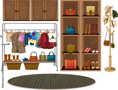 Clothes hanging on a clothesline with accessories on shelves on white background