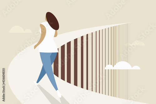 Conceptual illustration of a woman walking on an elevated bridge that goes up endlessly