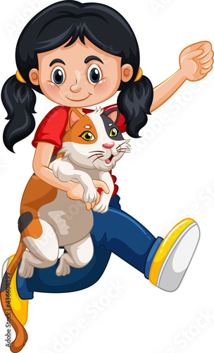 Happy girl cartoon character hugging a cute cat
