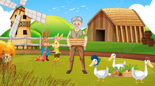 Farm scene with old farmer man and farm animals