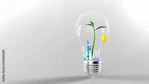 The green  trees and the city are in the light bulb.3d animation.