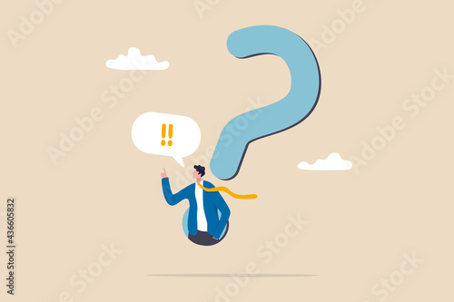 Answer business question, determination or sill and decision to solve problem, FAQ frequently asked questions concept, determination businessman comes out from question mark sign to answer question.