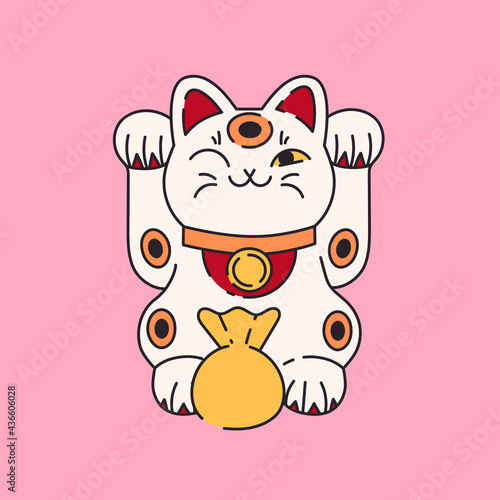 Maneki neko flat cartoon illustration. Japanese folklore symbol banner design. Asian culture, lucky cat, smiling kitty with gold coin printing card.