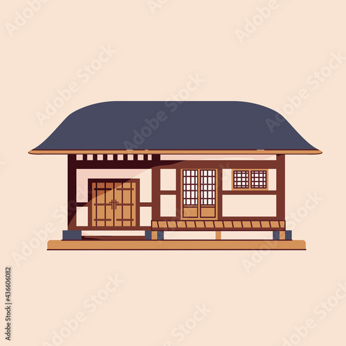 Hanok asian building isolated vector illustration. Traditional Korean architecture design element. Ancient historical house.	
