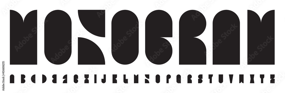 Monogram logo font abstract bauhaus alphabet. Black geometric shape keyhole letters for logo, headline, creative lettering in brochure, book, poster, banner. Hight monumental vector typographic design Monogram logo font abstract bauhaus alphabet. Black geometric shape keyhole letters for logo, headline, creative lettering in brochure, book, poster, banner. Hight monumental vector typographic design