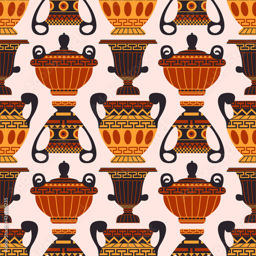 Ancient Greek vases seamless pattern vector illustration. Old amphora texture design. Antique decorative jug background. Historical vintage wrapping.
