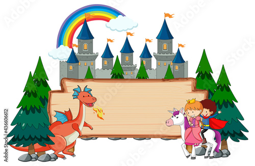 Blank wooden banner with fantasy cartoon character isolated