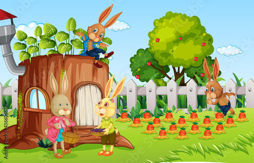 Outdoor scene with many rabbit cartoon character in the garden