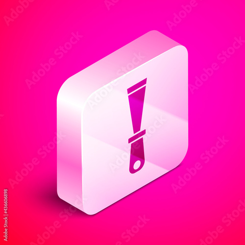 Isometric Putty knife icon isolated on pink background. Spatula repair tool. Spackling or paint instruments. Silver square button. Vector