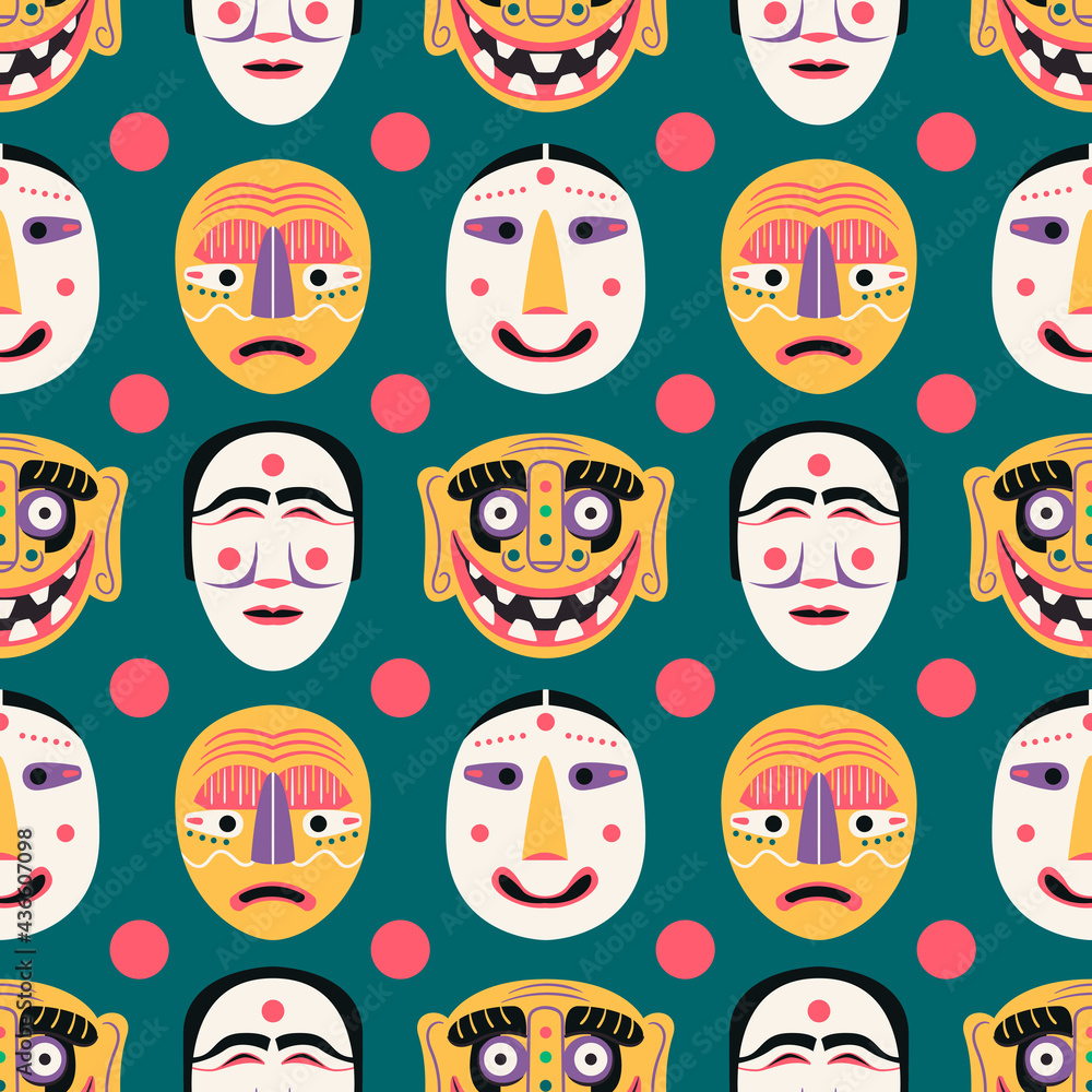 Traditional Korean masks seamless pattern vector illustration. Antique masquerade elements texture design. Asian ancient theatre background. Cultural souvenir wrapping.