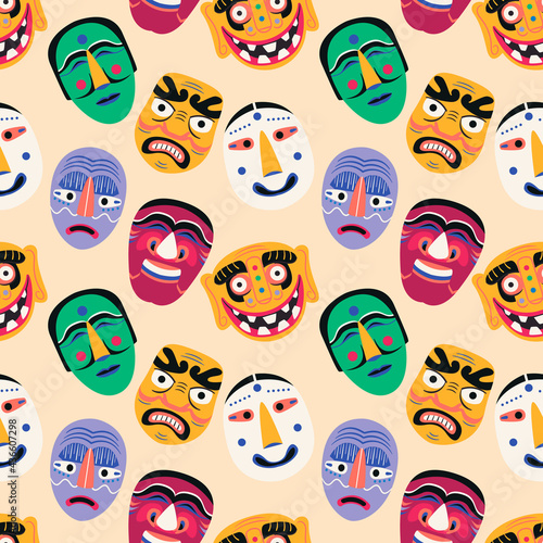 Traditional Korean masks seamless pattern vector illustration. Antique masquerade elements texture design. Asian ancient theatre background. Cultural souvenir wrapping.