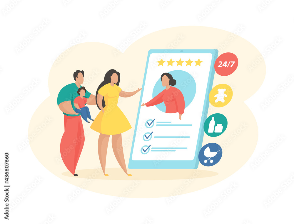 Choosing baby sitter in mobile application. Family looks rating and profile professional nanny in online service. 24 hour nurse advice line. Vector flat concept Choosing baby sitter in mobile application. Family looks rating and profile professional nanny in online service. 24 hour nurse advice line. Vector flat concept
