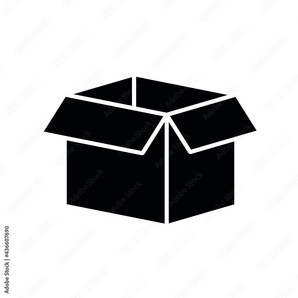 Open box glyph icon. Post service. Vector isolated black illustration. Open box glyph icon. Post service. Vector isolated black illustration.