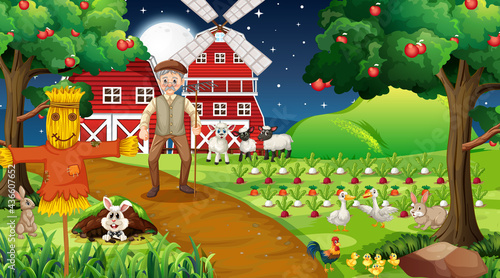 Farm scene at night with old farmer man and cute animals