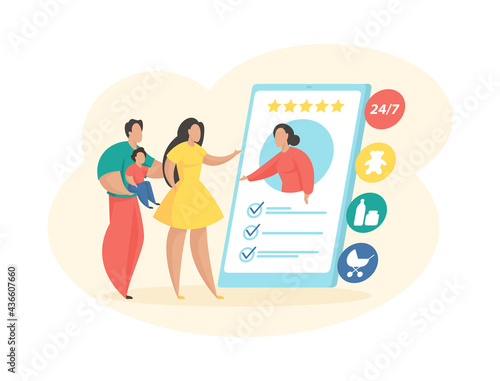 Choosing baby sitter in mobile application. Family looks rating and profile professional nanny in online service. 24 hour nurse advice line. Vector flat concept