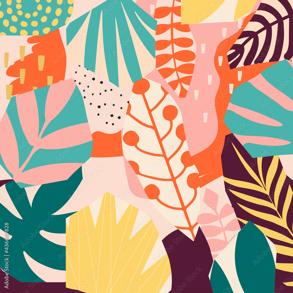 Fototapeta premium Colorful tropical leaves and flowers poster background vector illustration. Exotic plants, branches, flowers and leaves art print for beauty and natural products, spa and wellness, fabric and fashion