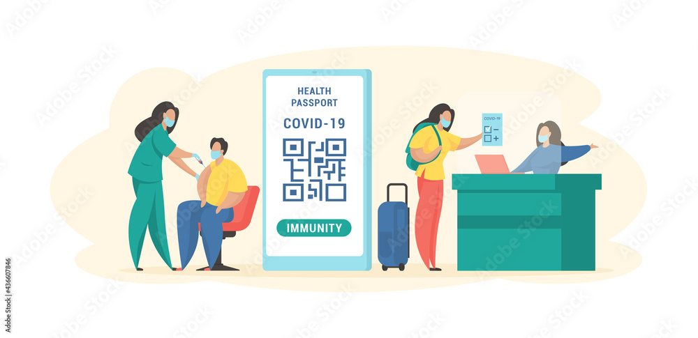 Obtaining immune passport. Male character being vaccinated against coronavirus. Woman in mask shows certificate to controller airport. Mandatory vaccines for international travel. Vector flat concept