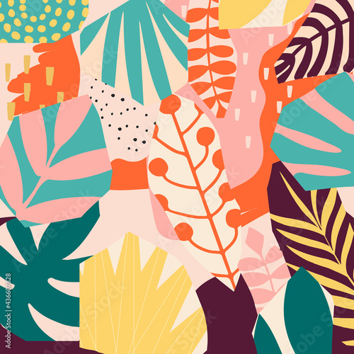 Colorful tropical leaves and flowers poster background vector illustration. Exotic plants, branches, flowers and leaves art print for beauty and natural products, spa and wellness, fabric and fashion