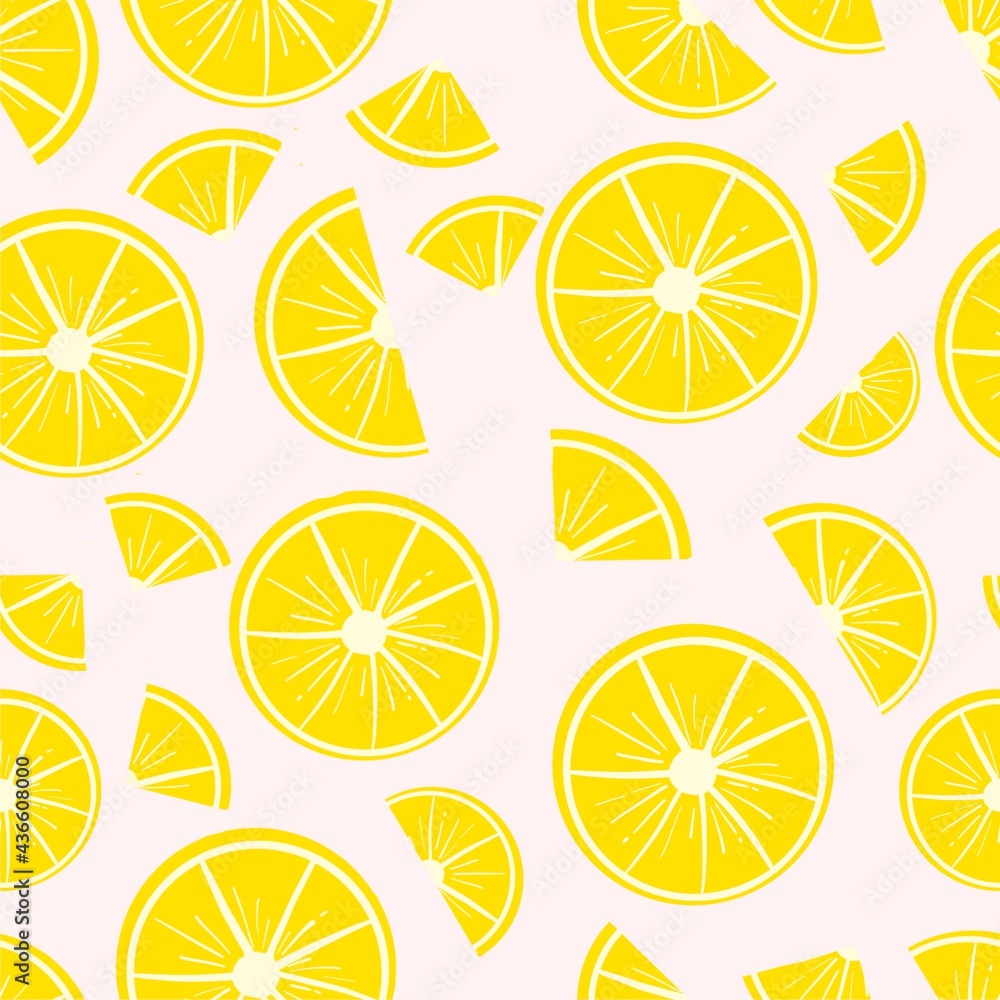 A seamless pattern of lemon slices. Hand-drawn illustration with curved lines in doodle style.Ready design for clothing, fabric and other items.