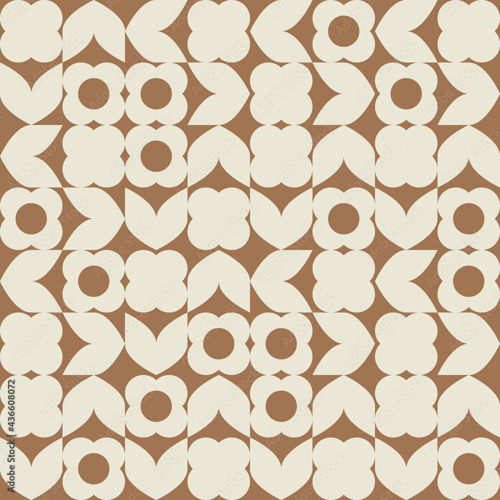 Fototapeta premium Modern vector abstract geometric background with stylized flowers, leaves and stems in retro scandinavian style. Pastel colored simple shapes graphic seamless pattern.