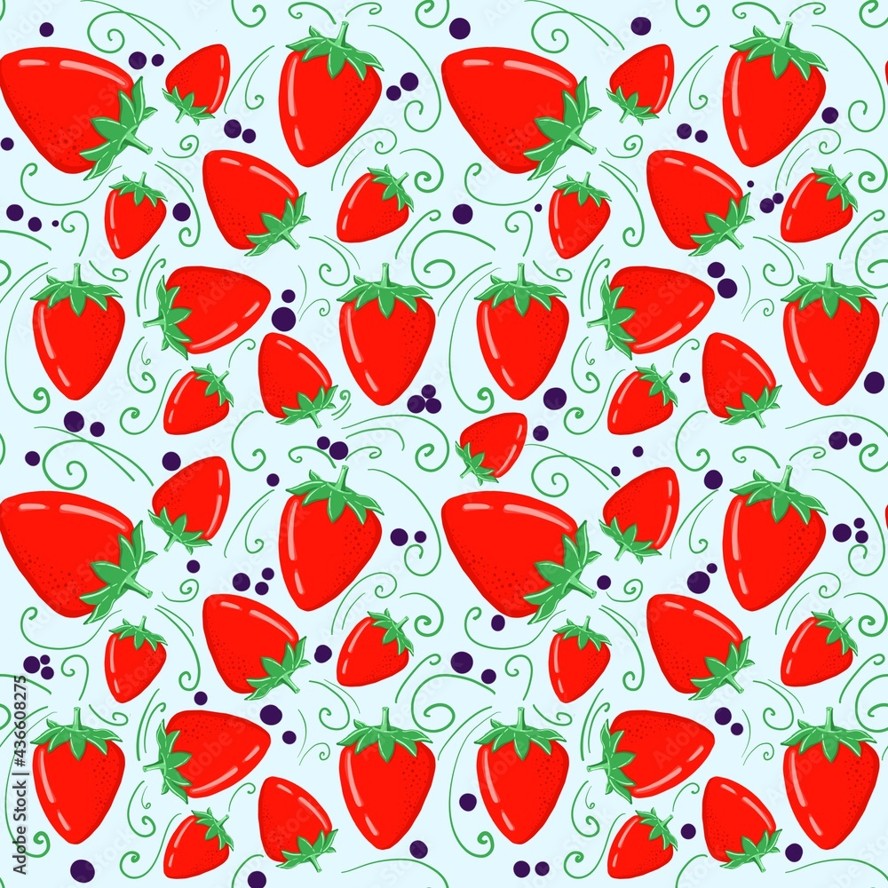 A hand-drawn image of a strawberry. A seamless nature pattern with a food theme. Ready design for fabric, paper and other objects. A hand-drawn image of a strawberry. A seamless nature pattern with a food theme. Ready design for fabric, paper and other objects.