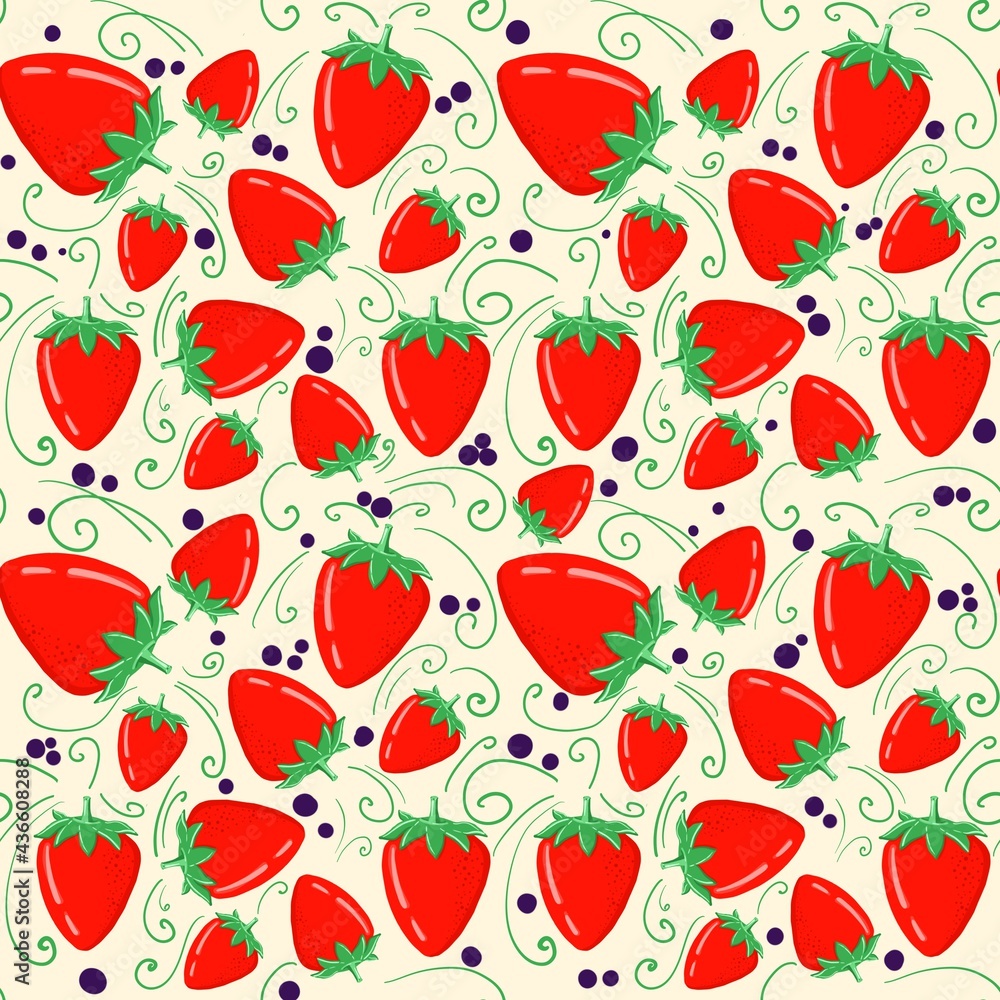 A hand-drawn image of a strawberry. A seamless nature pattern with a food theme. Ready design for fabric, paper and other objects. A hand-drawn image of a strawberry. A seamless nature pattern with a food theme. Ready design for fabric, paper and other objects.