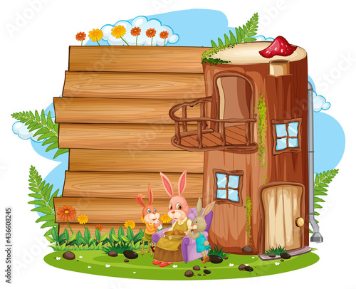Blank banner in the garden with cute rabbits isolated