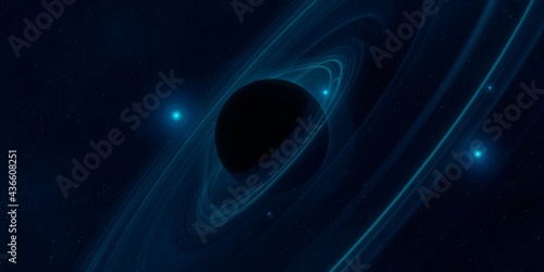 Cold nebula. Dark night sky. Dark interstellar space. 2d illustration. Black hole. Shiny stars in a deep cold space. Galactic center. Matter collapse.