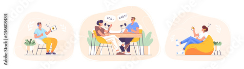 Set of smiling people listening and recording audio podcast or online show vector flat illustration. Joyful person radio host interviewing guest. Characters in chair with device in hand self educate.
