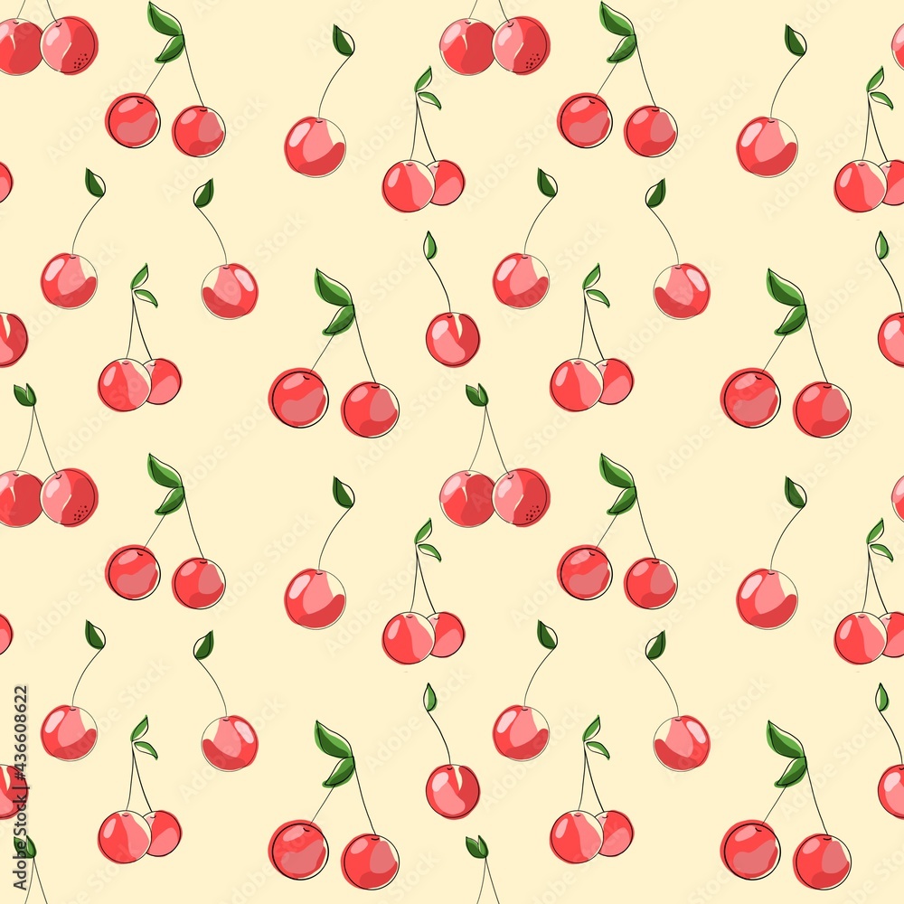 Cherry Berries. Seamless pattern, hand-drawn illustration with curved lines in a trendy style.Design for paper, fabric and other objects. Cherry Berries. Seamless pattern, hand-drawn illustration with curved lines in a trendy style.Design for paper, fabric and other objects.