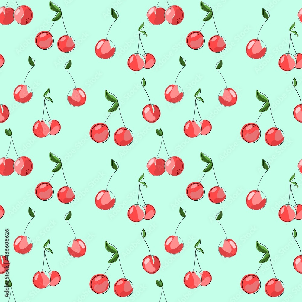Cherry Berries. Seamless pattern, hand-drawn illustration with curved lines in a trendy style.Design for paper, fabric and other objects. Cherry Berries. Seamless pattern, hand-drawn illustration with curved lines in a trendy style.Design for paper, fabric and other objects.