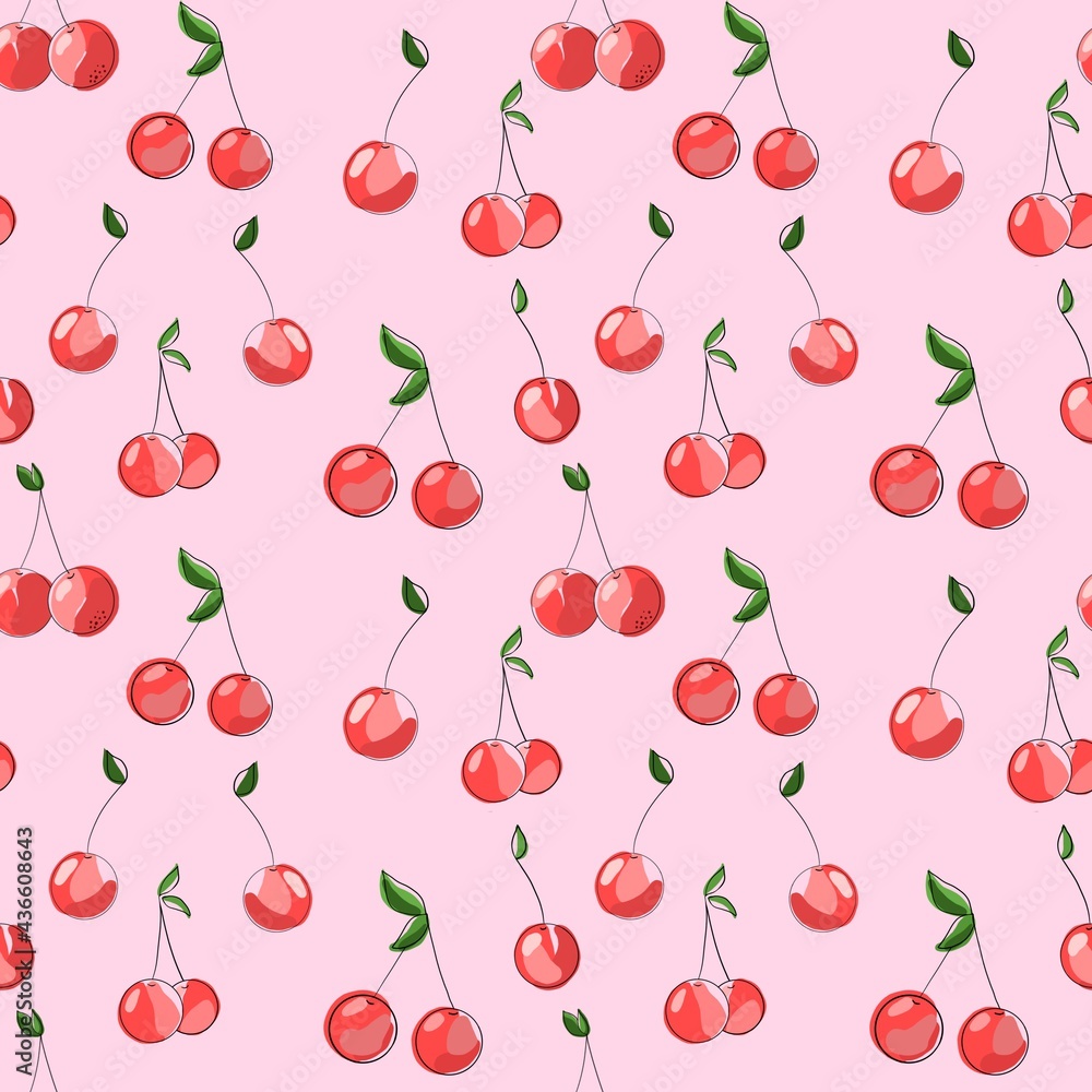 Cherry Berries. Seamless pattern, hand-drawn illustration with curved lines in a trendy style.Design for paper, fabric and other objects. Cherry Berries. Seamless pattern, hand-drawn illustration with curved lines in a trendy style.Design for paper, fabric and other objects.